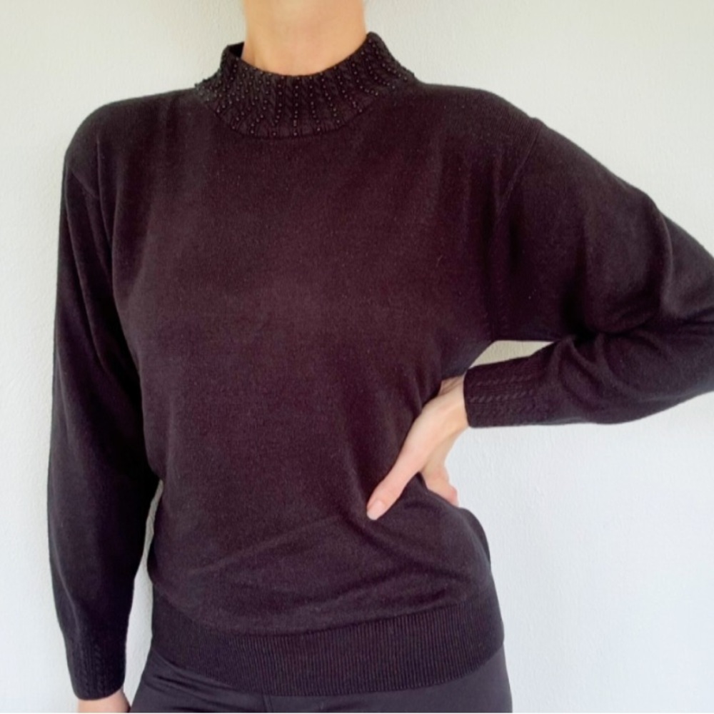 Vintage Just For Petites black beaded mock neck long sleeve knit sweater large